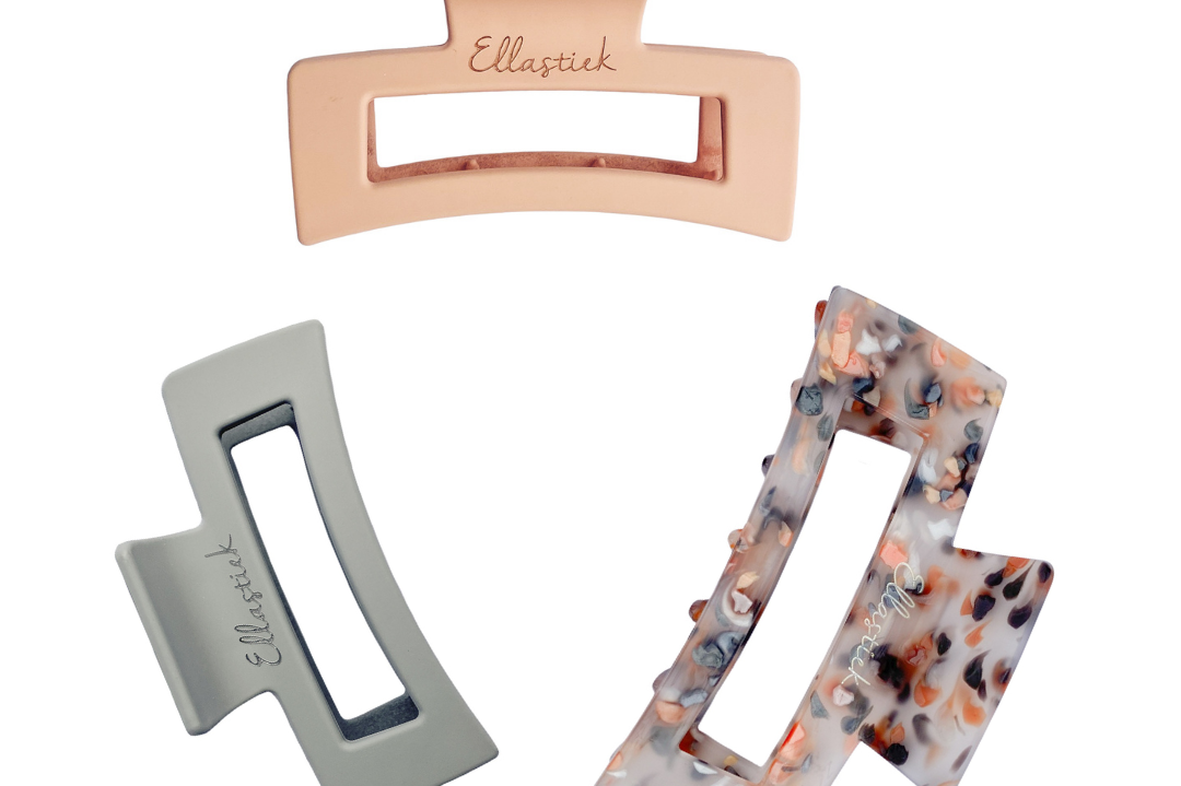 Ellastiek zalmroze, lichtgrijs en zalmroze multicolor haarklemmen met logo